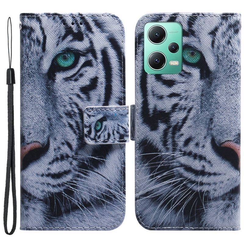 Læder Cover Xiaomi Redmi Note 12 5G Med Snor Strappy White Tiger